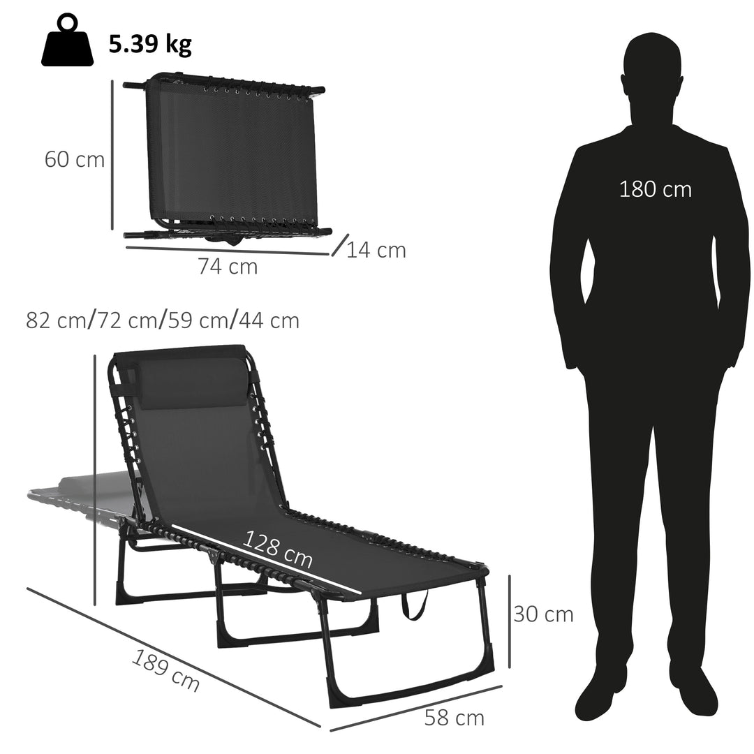 Foldable Sun Lounger, Outdoor 4 Level Adjustable Backrest Reclining Chaise Chair, Steel Frame Recliner Chair for Camping, Hiking, Black
