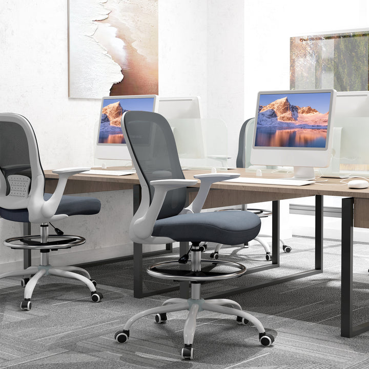 Draughtsman Chair, Mesh Drafting Chair, Ergonomic Office Chair with Flip-up Armrest, Adjustable Foot Ring, Grey