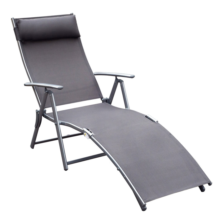MCL Sun Lounger Steel Frame Outdoor Folding Chaise Texteline Lounge Chair Recliner with Headrest & 7 Levels Adjustable Backrest, Grey