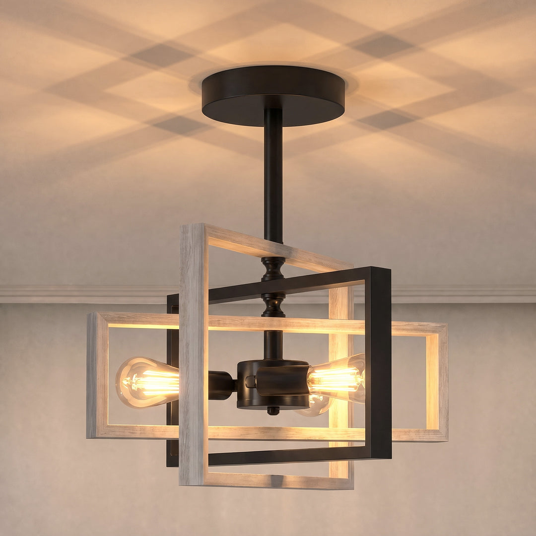 Ceiling Light Fixtures, Industrial Ceiling Lighting with Wood Frame - view 2