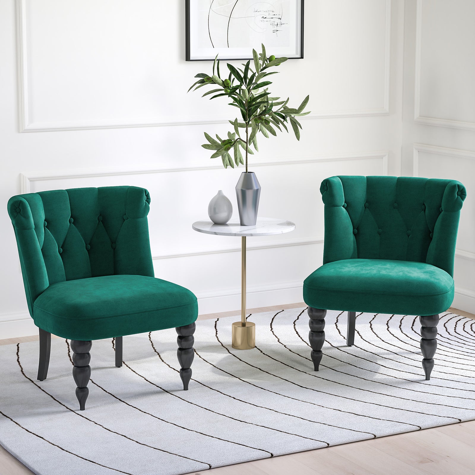 Velvet Accent Chair Set of 2, Button Tufted Wingback Chair with Rubber Wood Legs for Living Room, Bedroom, Dark Green
