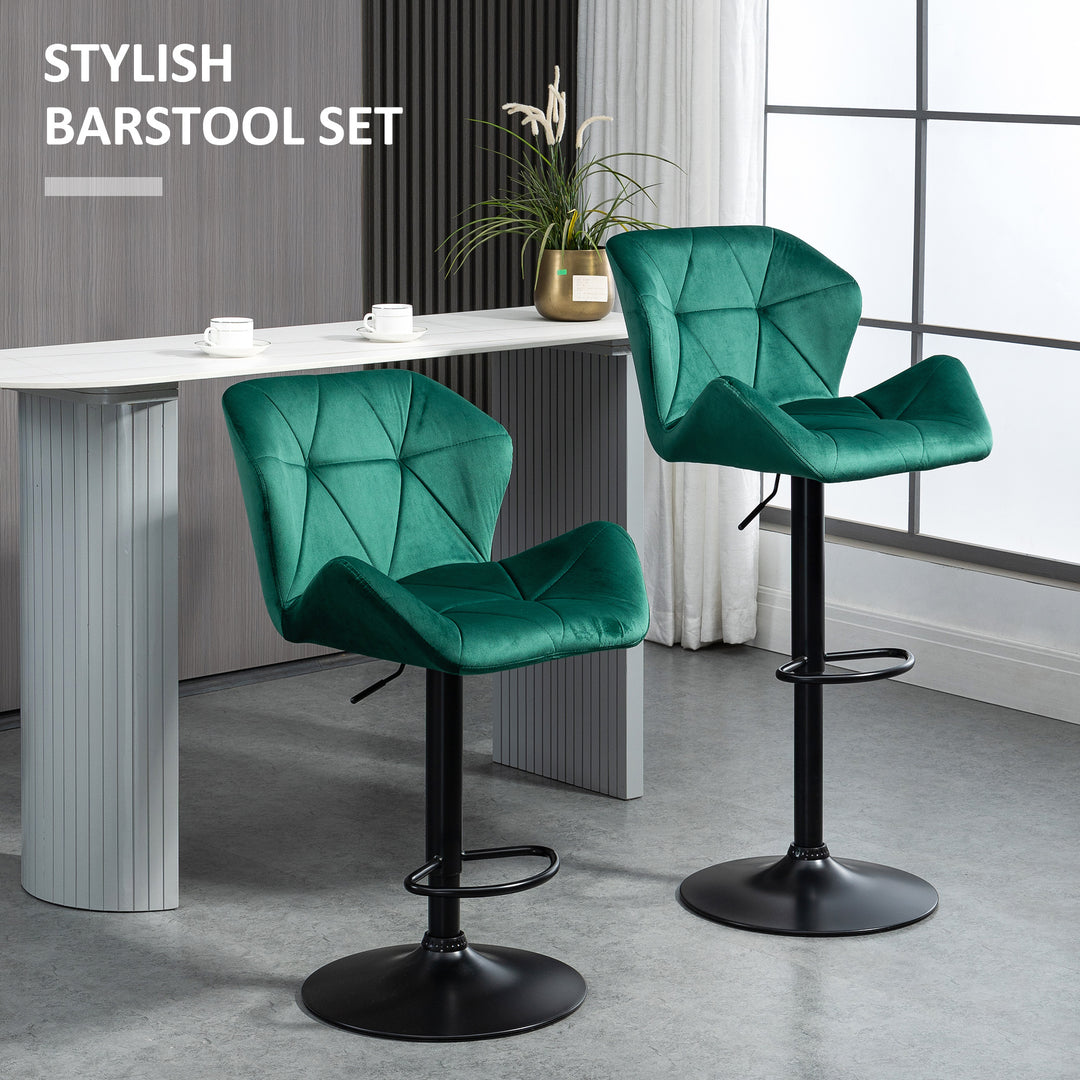 Bar Stools Set Of 2, Velvet-Touch Barstools with Metal Frame Footrest and Adjustable Height, Green