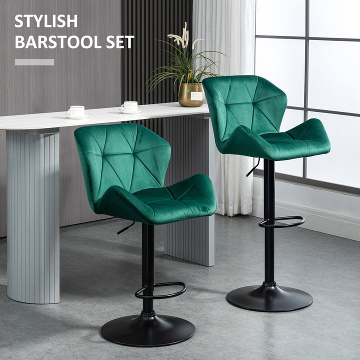 Bar Stools Set Of 2, Velvet-Touch Barstools with Metal Frame Footrest and Adjustable Height, Green