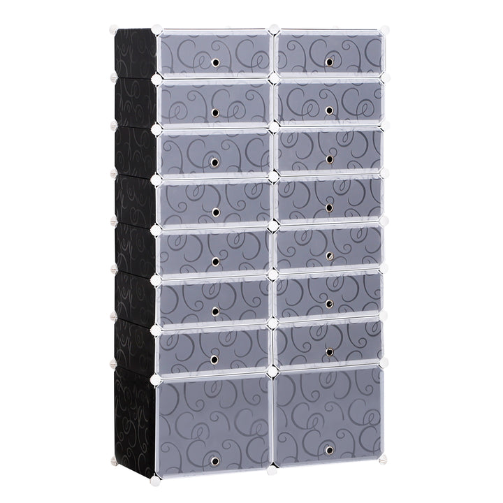 16 Cube Shoe Rack, 2 x 8 Tier Shoe Storage Cabinet, Modular Plastic Shelves for Bedroom, Living Room and Entryway, Space Saving Footwear Organizer, 32 Pairs, White and Black