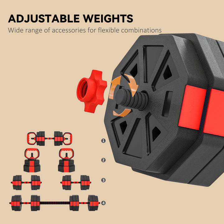 MCL 4-in-1 Adjustable Weight Dumbbells Set, Used as Kettlebell, Barbell, Dumbbell, Push-Up Stand, 30kg Free Weights Set for Men and Women Home Gym Training, Red