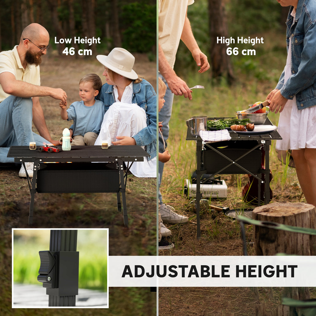 Folding Camping Table, 90 x 55 cm Height Adjustable Portable Collapsible Table, 3ft Lightweight Aluminium Rollup Picnic Table with Storage Basket for Outdoor Garden Party BBQ, Black