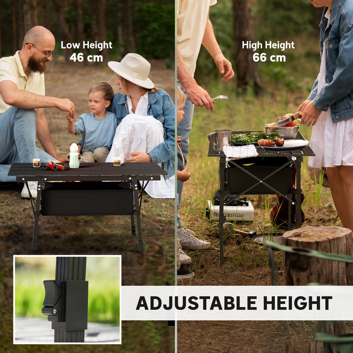 Folding Camping Table, 90 x 55 cm Height Adjustable Portable Collapsible Table, 3ft Lightweight Aluminium Rollup Picnic Table with Storage Basket for Outdoor Garden Party BBQ, Black