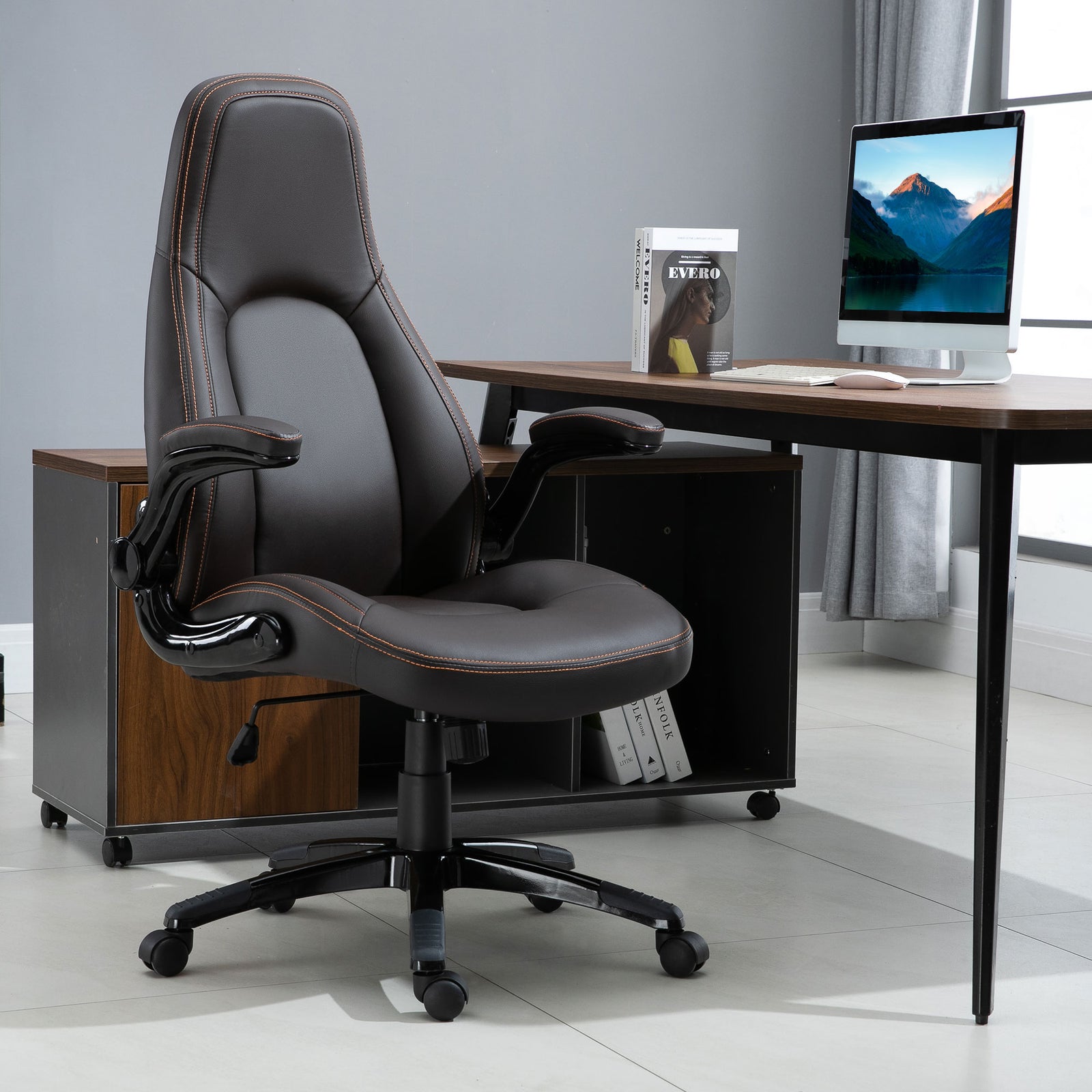 Computer Gaming Chair, PU Leather Office Chair, Swivel Desk Chair with Adjustable Arms and Height, Padded Armrest and Seat, Rolling Wheels, Coffee