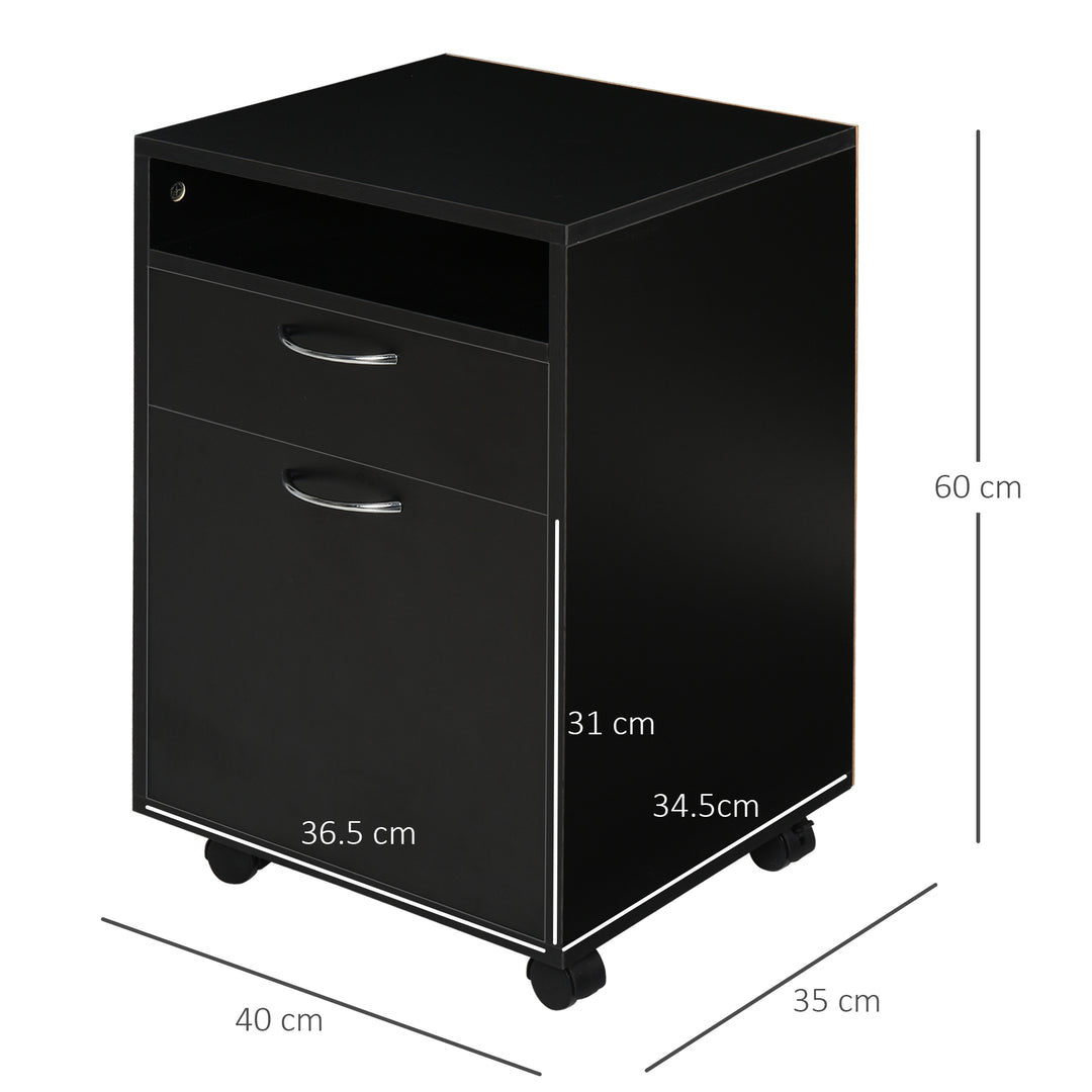 HOMCOM Mobile Storage Cabinet: Office Home Organiser with Drawer, Open Shelf, Metal Handles, 4 Wheels, Black | Aosom UK