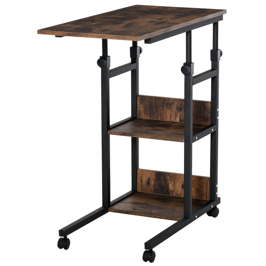 MCL C-Shaped Side Table Industrial Mobile Rolling End Desk with 3-Tier Storage Shelving, Adjustable Height, Wheels