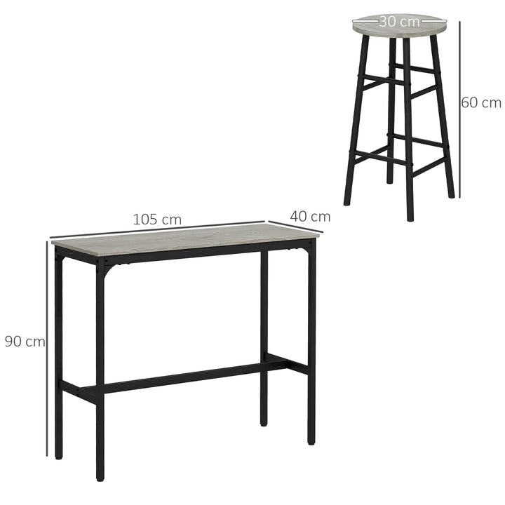 3 Piece Bar Table Set with 2 Stools, Industrial Bar Table and Stool Set, Dining Table and Chair Set, Grey