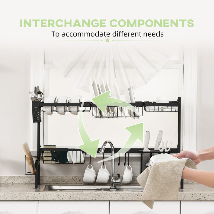 MCL Space Saving 2 Tier Adjustable Dish Drainer Over The Sink Dish Drying Rack, Black