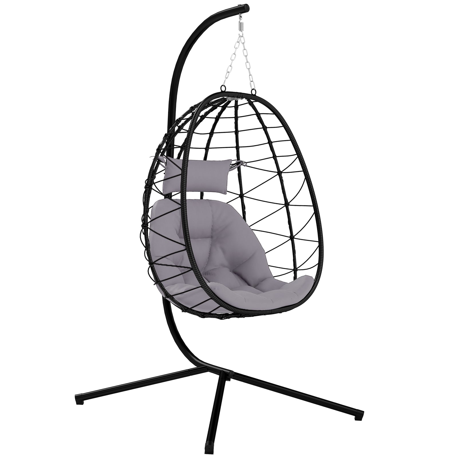 Hanging Egg Chair Outdoor Indoor Garden Swing Chair with Folding Basket, Thickened Cushion, Garden Hanging Chair with Stand, Headrest for Patio, Balcony, Grey