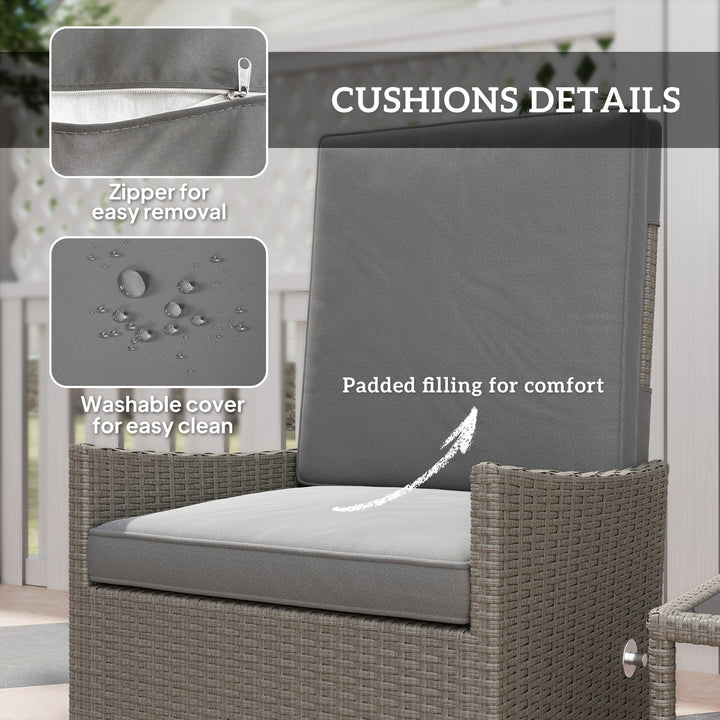 5 Piece Rattan Garden Furniture Set, Wicker Patio Sofa Set with 2 Armchairs, 2 Footstools, Glass Top Coffee Table with Shelf, Outdoor Furniture with Adjustable Backrests, Cushions, Dark Grey