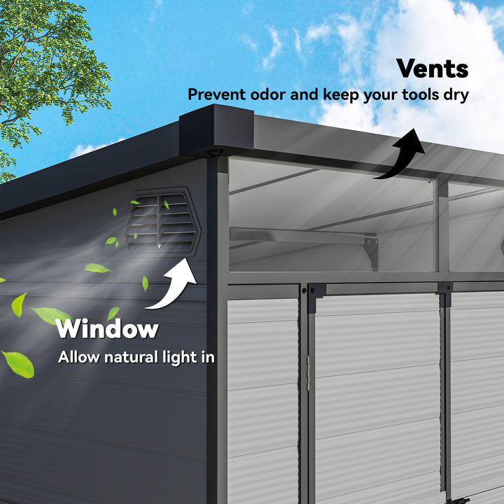 6 x 6ft Outdoor Storage Shed, Plastic Garden Shed with Windows and Air Vents, Outdoor Resin Tool Shed with Latch Doors for Garden, Deck, Light Grey