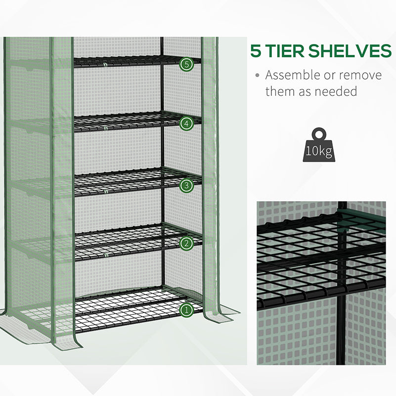 5 Tier Widened Mini Greenhouse with Reinforced PE Cover, Portable Indoor Outdoor Green House with Roll-up Door and Wire Shelves, 193H x 90W x 49Dcm, Green