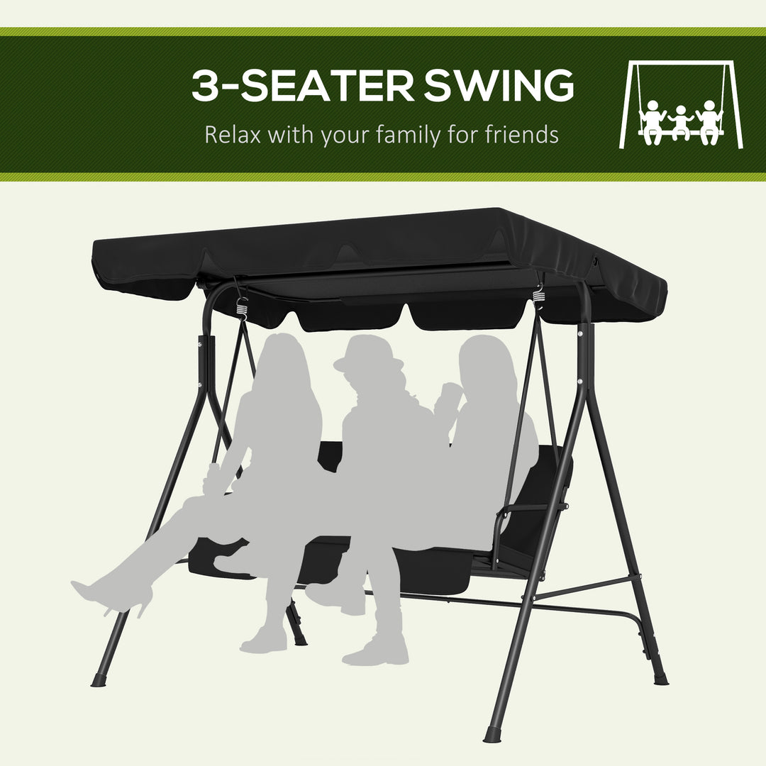 Three-Seater Garden Swing Chair, with Adjustable Canopy - Black