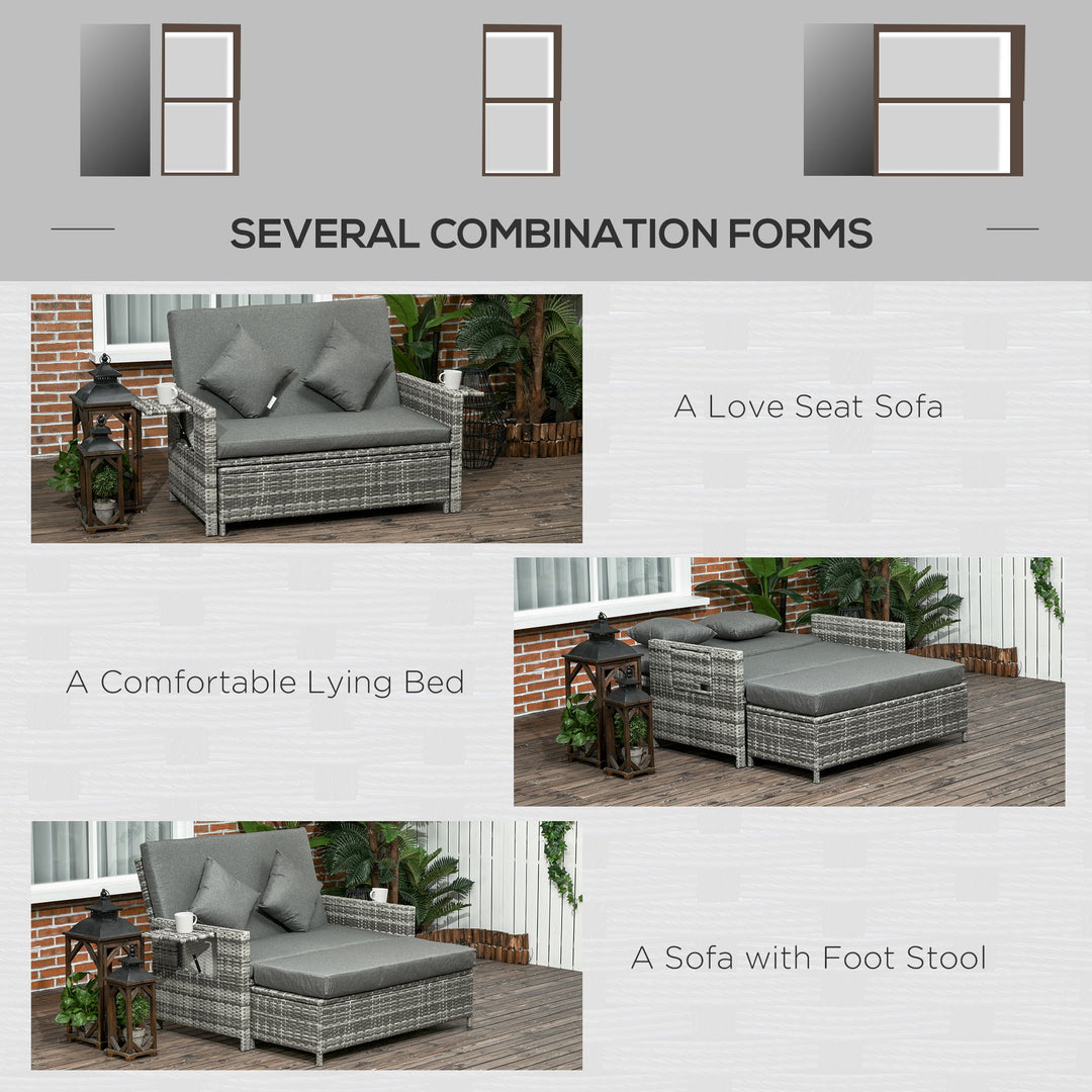 Rattan Garden Daybed, Assembled Double Sun Lounger with 5-Level Adjustable Back, Storage Ottoman, Cushions, Pillows and Retractable Trays, Outdoor Loveseat Sofa Bed for Patio, Mixed Grey