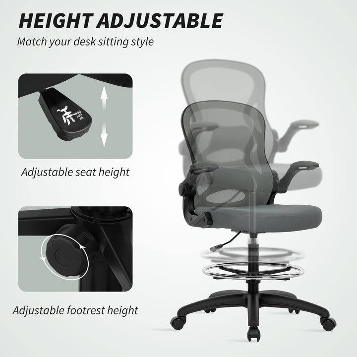 Draughtsman Chair with Flip-up Armrests, Mesh Standing Desk Chair with Lumbar Support and Adjustable Foot Ring for Bar Counter, Charcoal Grey
