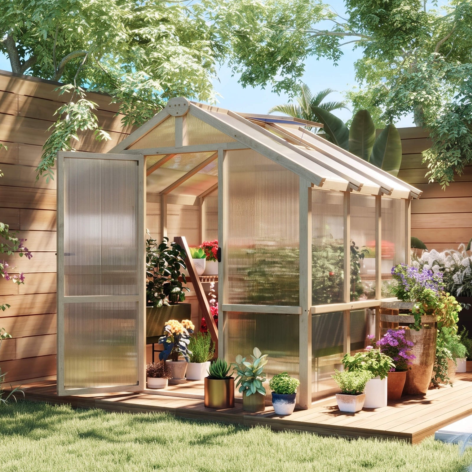 6.6 x 6ft Polycarbonate Greenhouse, Walk-in Wooden Greenhouse with Loc