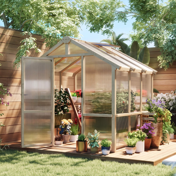 6.6 x 6ft Polycarbonate Greenhouse, Walk-in Wooden Greenhouse with Loc