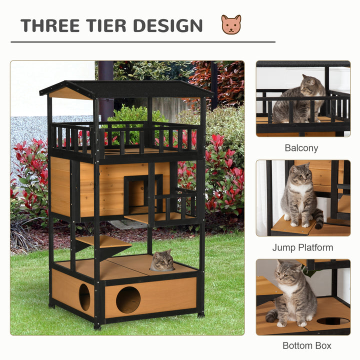 Wooden Outdoor Cat House, 3-Tier Cat Shelter with Tilted Roof, Terrace, Jump Step, Bottom Tray and Elevated Base, Waterproof Paint, Yellow