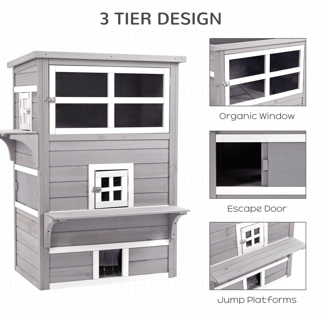 Three-Tier wooden Kitten Shelter, Outdoor Cat House, with Jumping Platforms, Asphalt Roof, Doors - Grey
