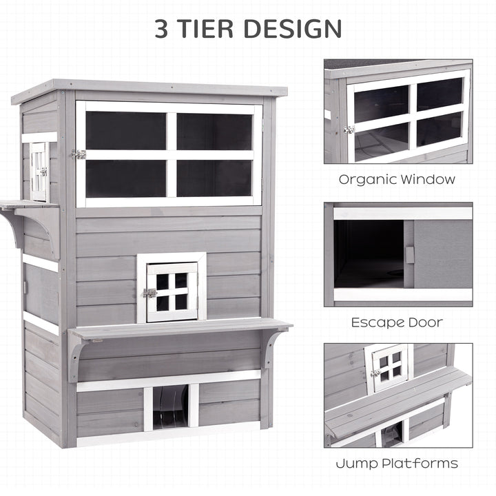 Three-Tier wooden Kitten Shelter, Outdoor Cat House, with Jumping Platforms, Asphalt Roof, Doors - Grey