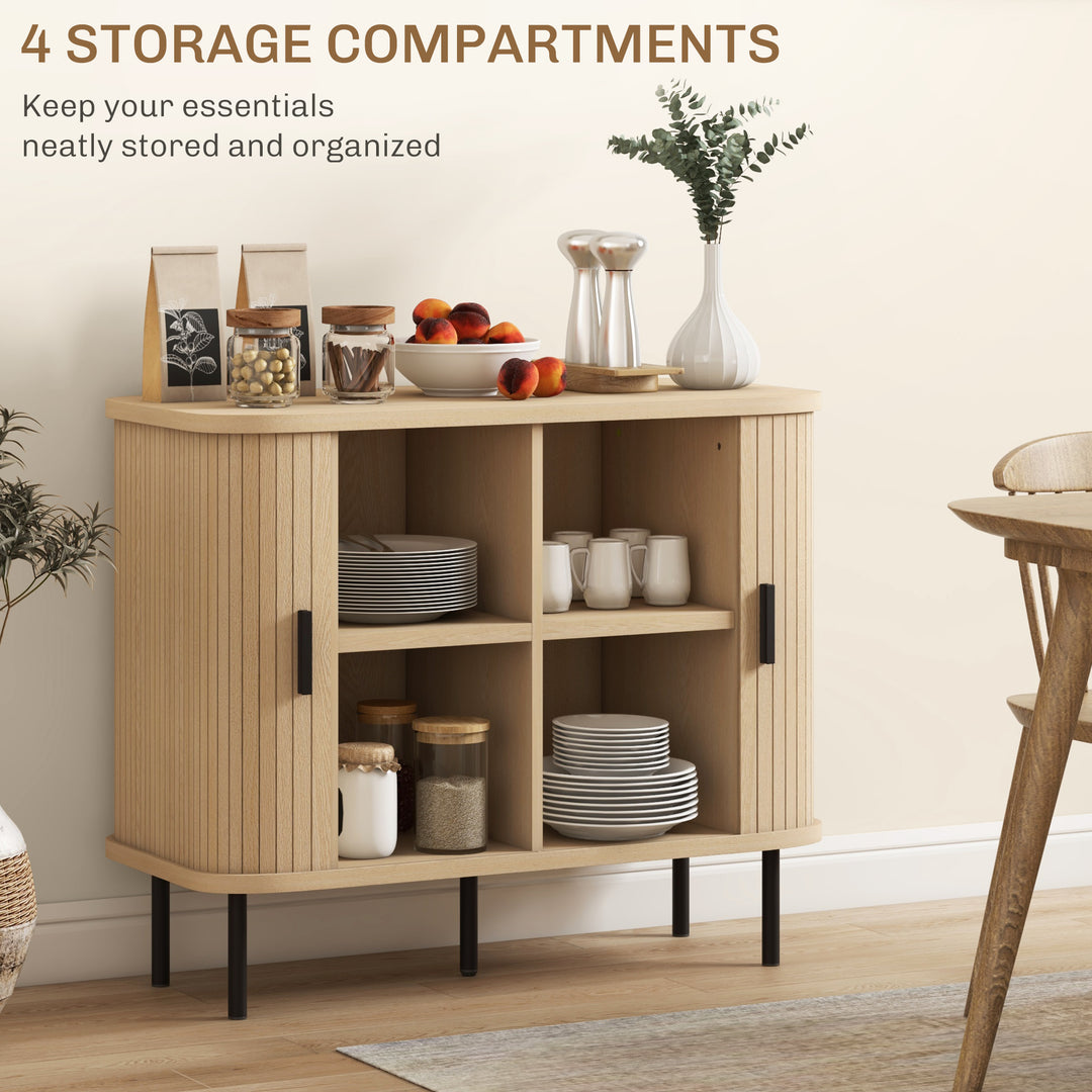 Mid-Century Modern Sideboard Storage Cabinet with Slatted Tambour Sliding Doors, Kitchen Cabinet with Steel Legs, Oak Tone