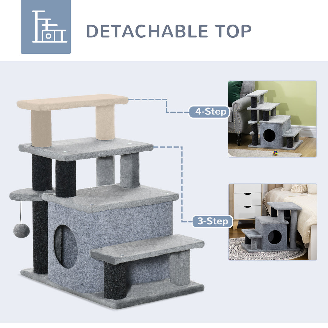 Adjustable Cat Steps, with House & Hanging Toy Ball - Grey