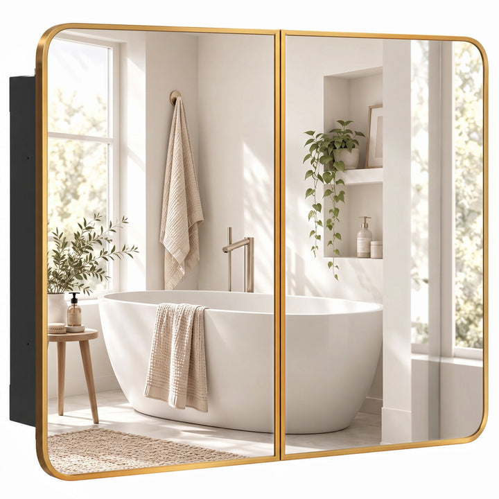 76.2 x 11.6 x 61 cm Bathroom Mirror Cabinet, Wall Cabinet with - Gold Tone
