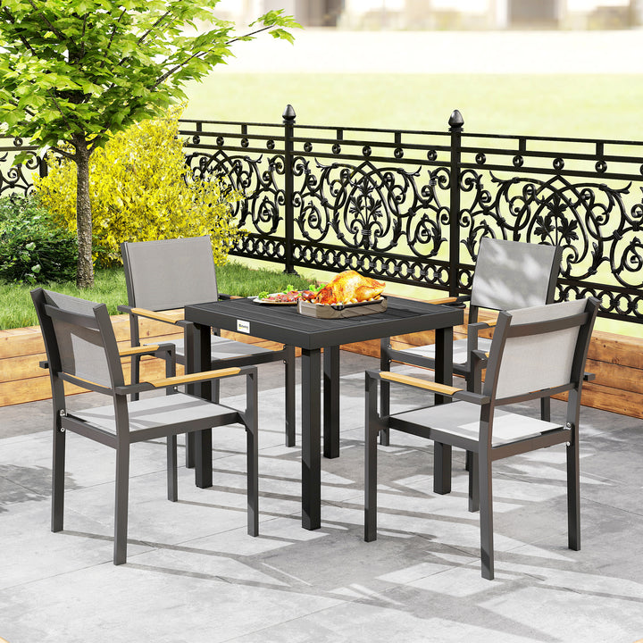 78 cm Garden Dining Table for 4 People, Square Outdoor Coffee End Side Table with Aluminium Legs, Natural Wood Finish