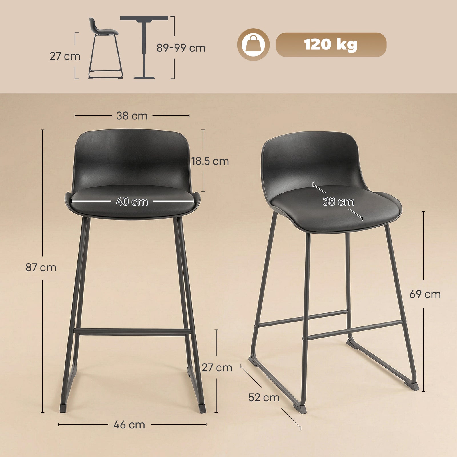 Modern Bar Stools Set of 2, PU Leather Barstools, Counter Height Kitch
