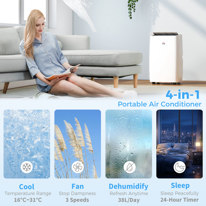 Portable Air Conditioner 12000 BTU, 4-in-1 Air Conditioning Unit, Dehumidifier, Cooling, Fan, Sleep Mode with 3 Speeds, Remote Control, LED Display, 24H Timer, Window Kit, Children Lock, 35m²