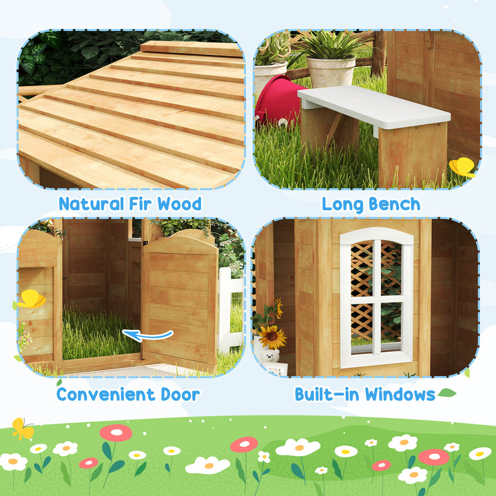 Wooden Playhouse for Kids with Door, Windows, Mailbox, Flower Pot Holder, Serving Station, Bench for Children, Yellow