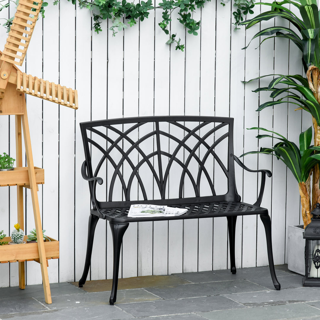 2-Seater Cast Aluminium Garden Bench Loveseat Outdoor Furniture Chair w/ Decorative Backrest & Ergonomic Armrest for Patio Terrace Porch