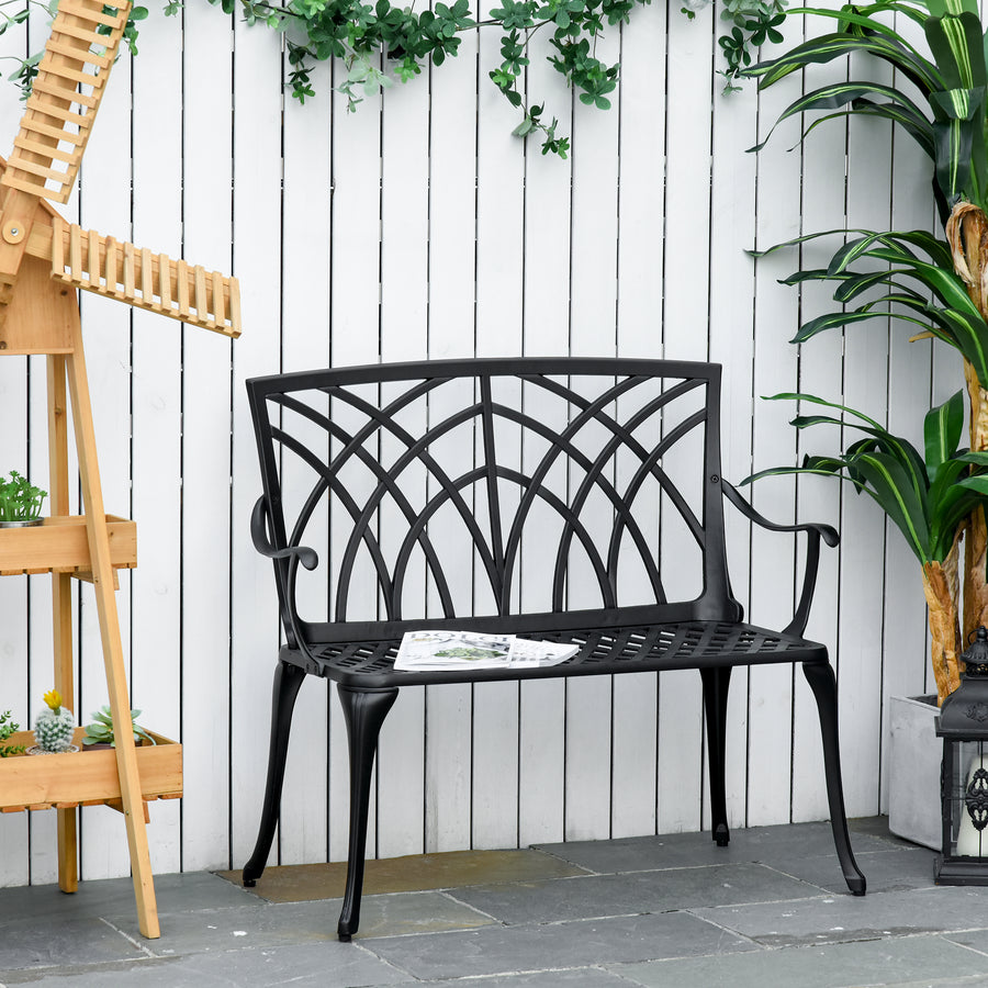 2-Seater Cast Aluminium Garden Bench Loveseat Outdoor Furniture Chair w/ Decorative Backrest & Ergonomic Armrest for Patio Terrace Porch