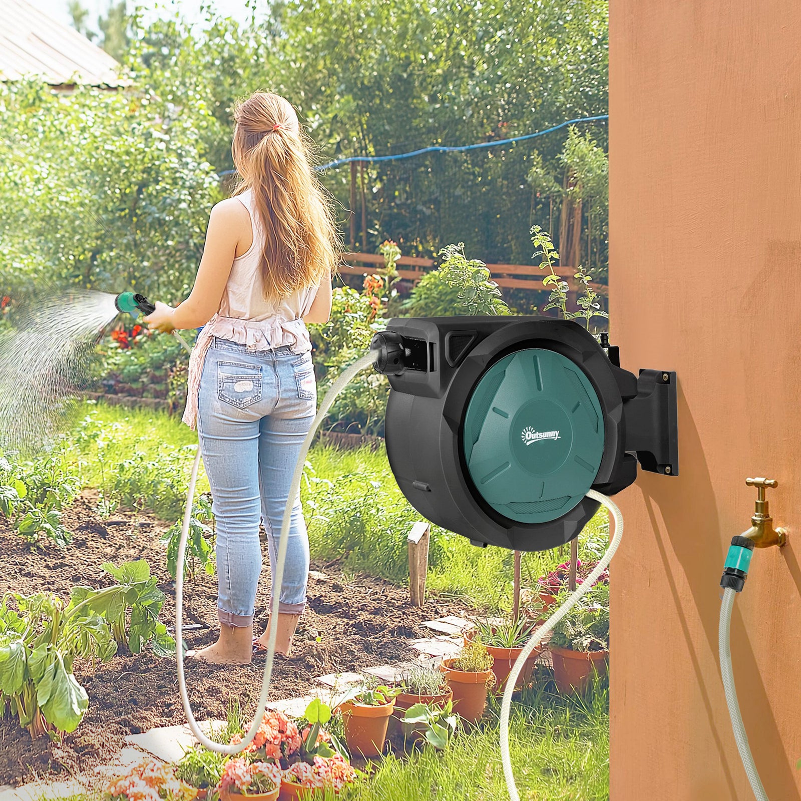 Retractable Hose Reel Wall Mounted, 20+2m Garden Hose Pipe Reel with L