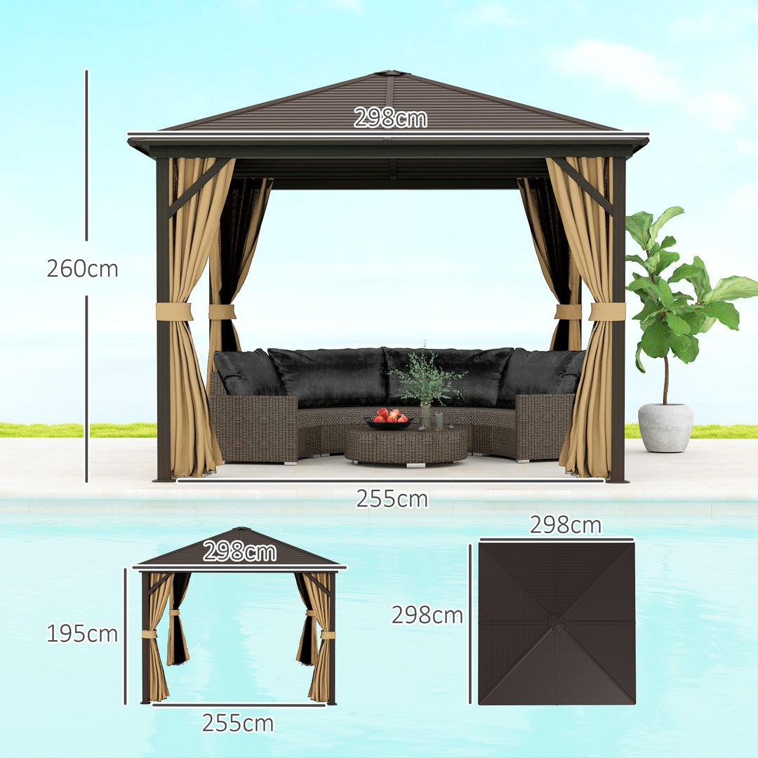 3 x 3(m) Metal Hardtop Gazebo, with Curtains and Accessories - Brown