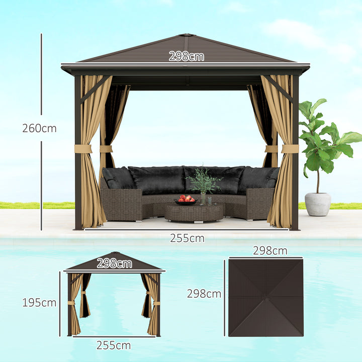 3 x 3(m) Metal Hardtop Gazebo, with Curtains and Accessories - Brown