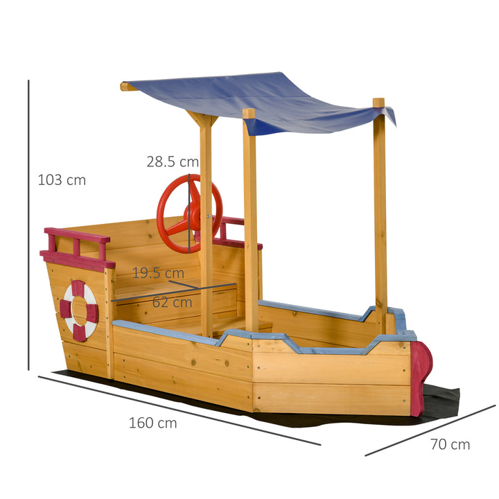 Kids Wooden Sand Pit Children Sandbox Pirate Ship Sandboat Play Station for Outdoor w/ Canopy Shade Storage Bench Bottom Liner