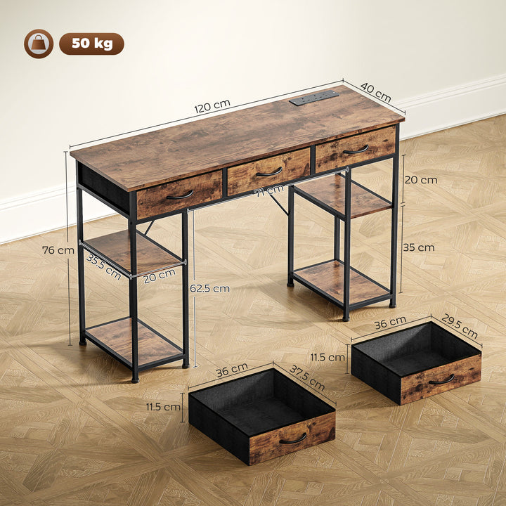 120cm Computer Desk with Power Outlets, Office Desk Study Table with Fabric Drawers and Storage Shelves, Rustic Brown