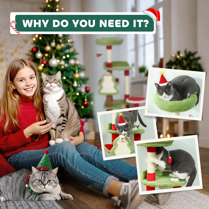 MCL Cat Tree, 120cm Christmas Cat Tower with 3 Scratching Posts, Scratching Board, 2 Perches, Platforms, Toys, Green