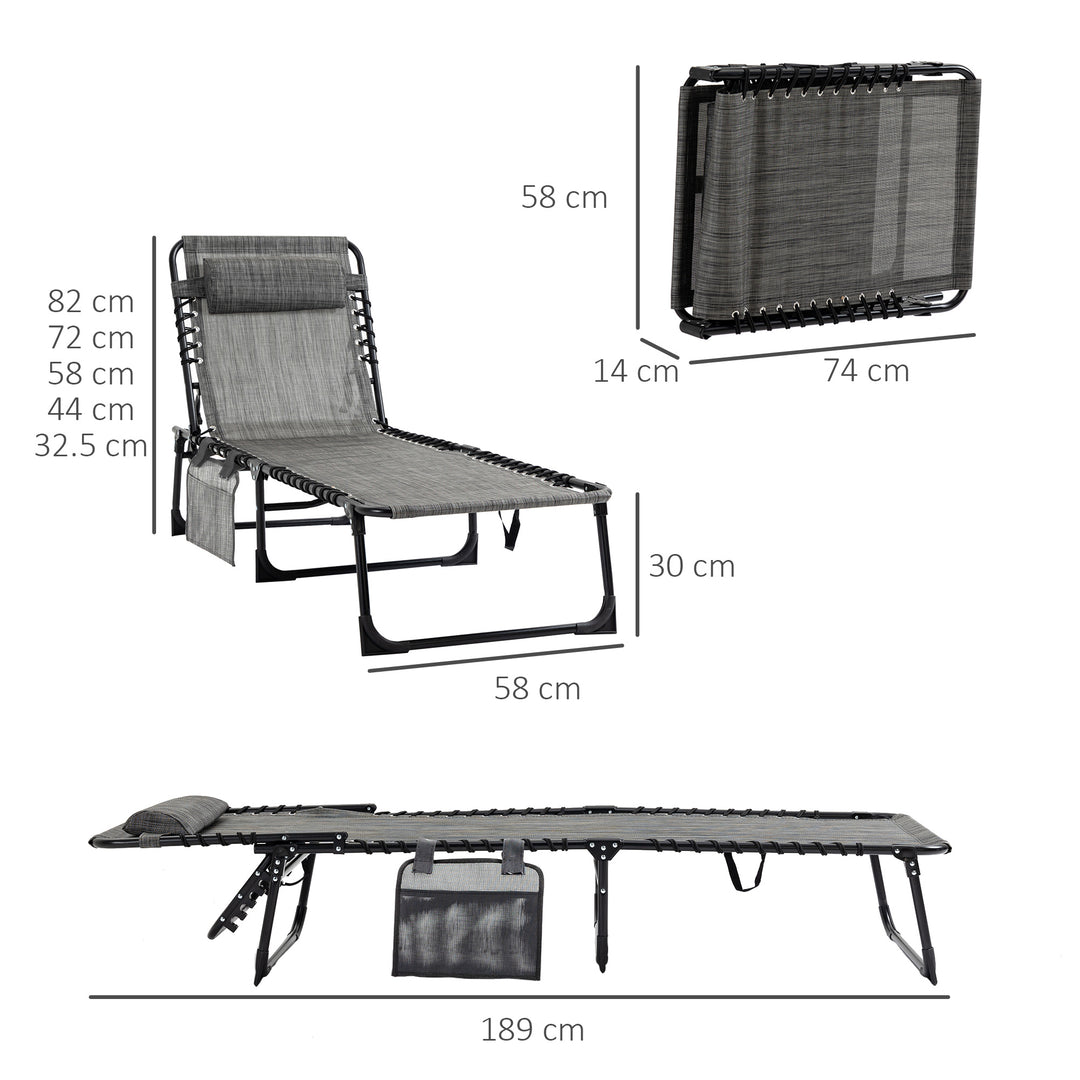 MCL Portable Sun Lounger, Folding Camping Bed Cot, Reclining Lounge Chair 5-position Adjustable Backrest with Side Pocket, Pillow for Patio Garden Beach Pool, Mixed Grey