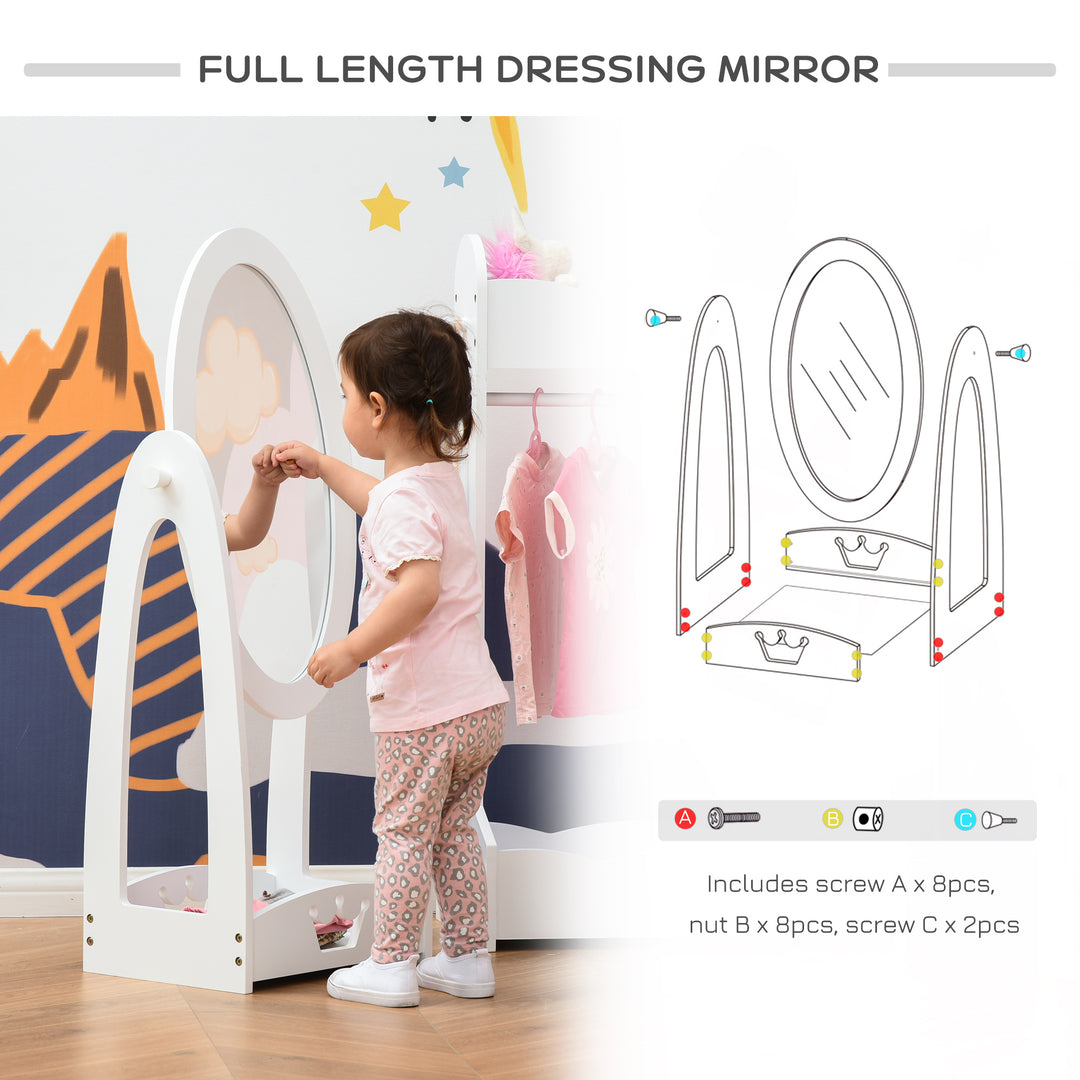 MCL Kids Clothes Rail and Mirror Set 360° Rotation Free Standing Full Length Mirror and Hanging Rack with Storage Shelves Child's Dressing Mirror Garment Wardrobe White