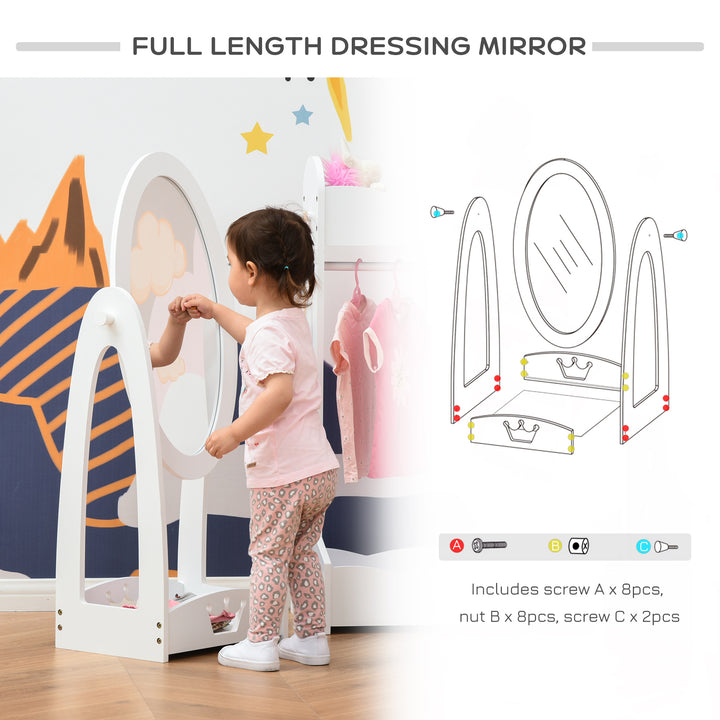 MCL Kids Clothes Rail and Mirror Set 360° Rotation Free Standing Full Length Mirror and Hanging Rack with Storage Shelves Child's Dressing Mirror Garment Wardrobe White