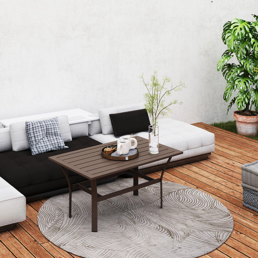 Metal Garden Coffee Table, Rectangular Outdoor Side Table with Slatted Tabletop, Foot Pads for Outside, Garden, Balcony, Porch, 91.5 x 55 x 45cm, Brown