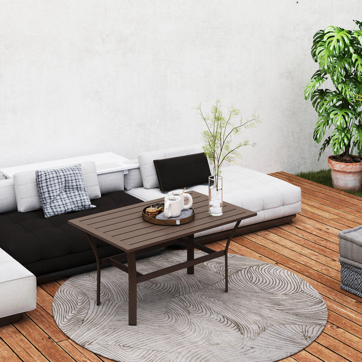 Metal Garden Coffee Table, Rectangular Outdoor Side Table with Slatted Tabletop, Foot Pads for Outside, Garden, Balcony, Porch, 91.5 x 55 x 45cm, Brown