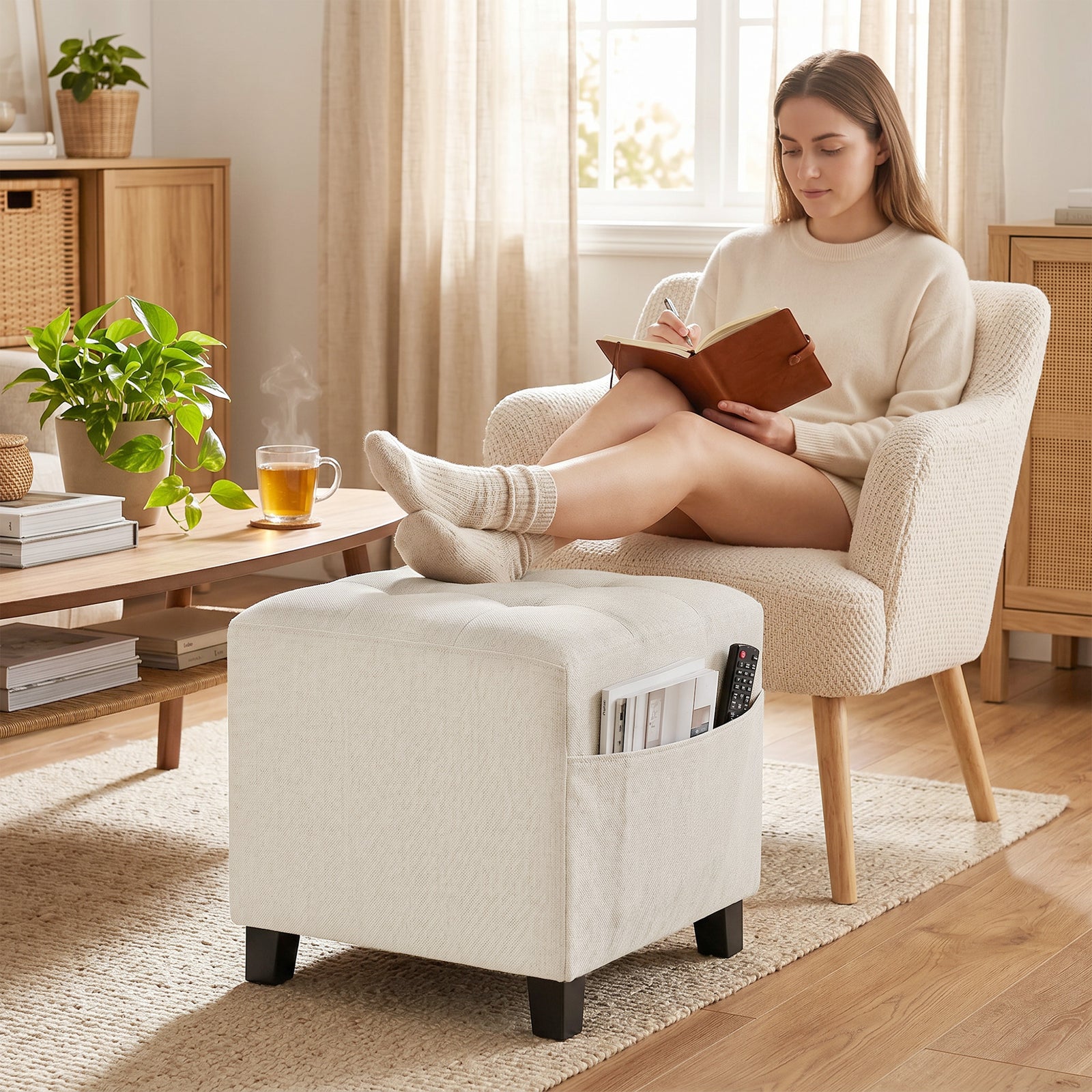 Small Ottoman, Square Footstool with Side Pocket, Rubber Wood Legs and