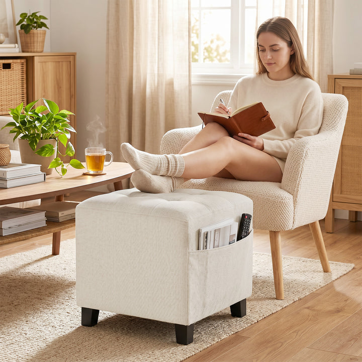 Small Ottoman, Square Footstool with Side Pocket, Rubber Wood Legs and